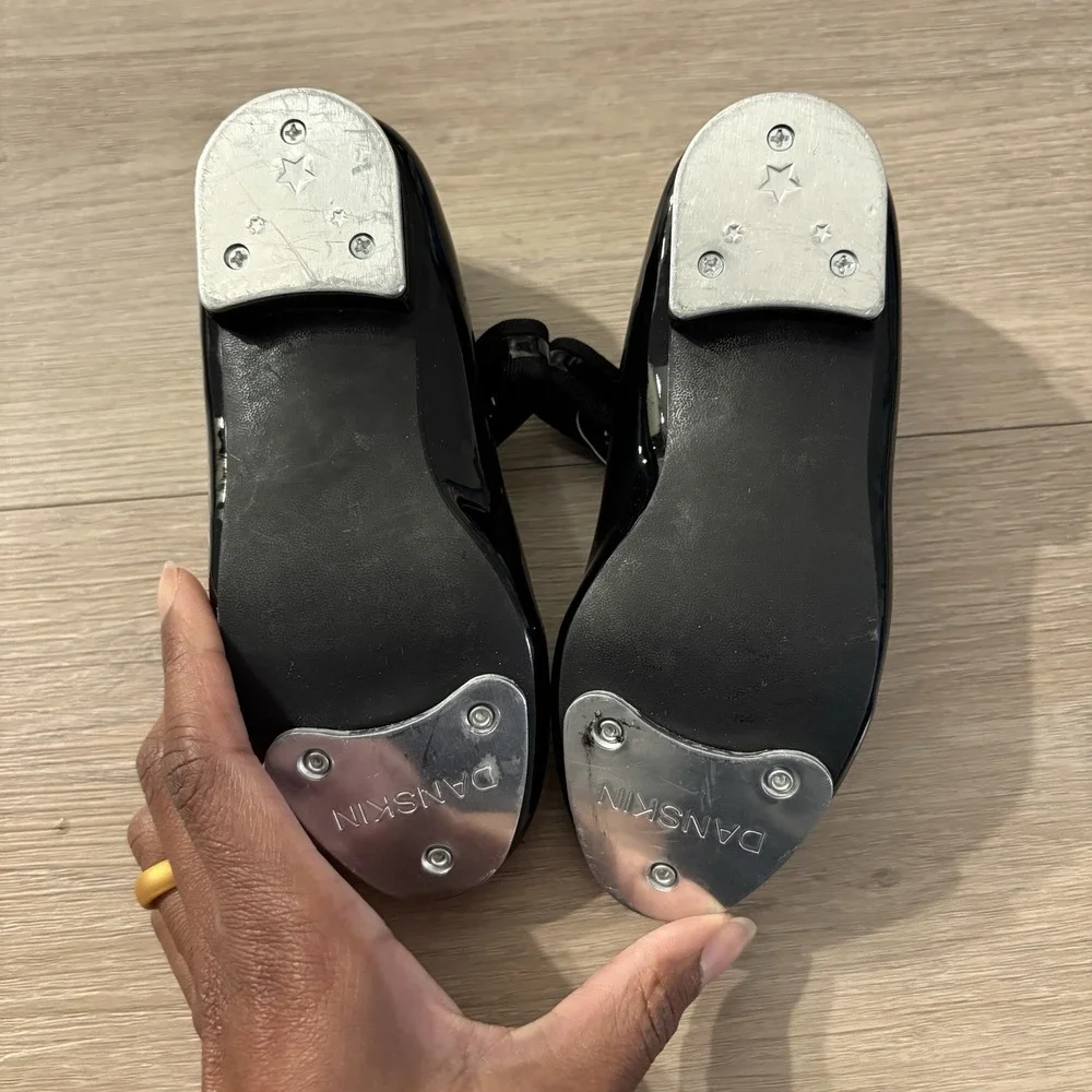 Danskin Girls Tap Dance Shoes Size 9 Black Silver Aluminum Plates